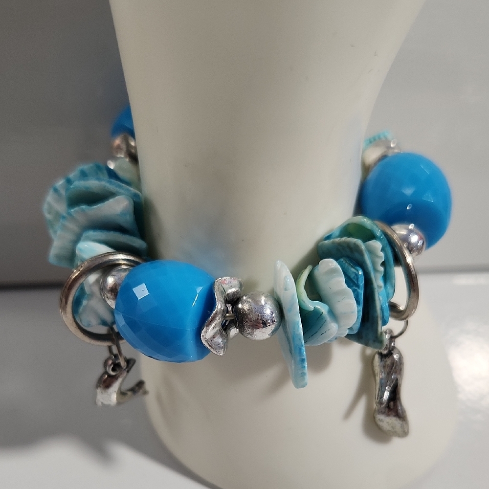 Blue Shell and Silvertone High Heel Shoe Dolphin Women's Bracelet